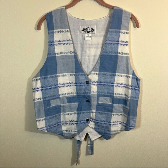 ✨ Vintage Ride Blue White Plaid Western Vest Medium Nepal - Picture 1 of 12